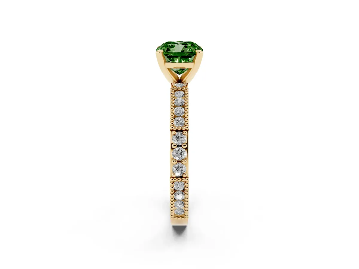 Fancy Green Cushion Cut Solitaire with Pavé Band and Four-Prong Setting Yellow gold
