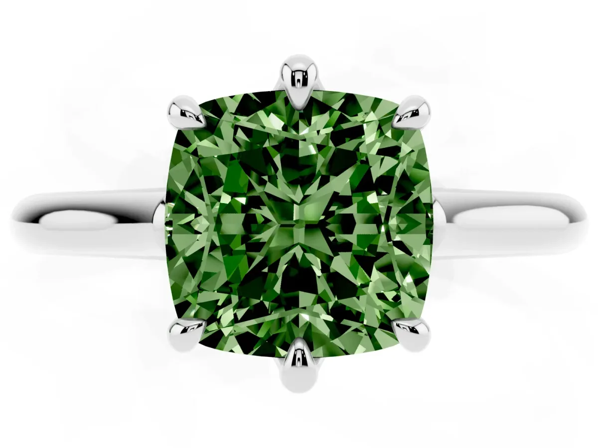 Fancy Green Cushion Cut Solitaire Engagement Ring with Six-Prong Setting and Classic Band Platinum