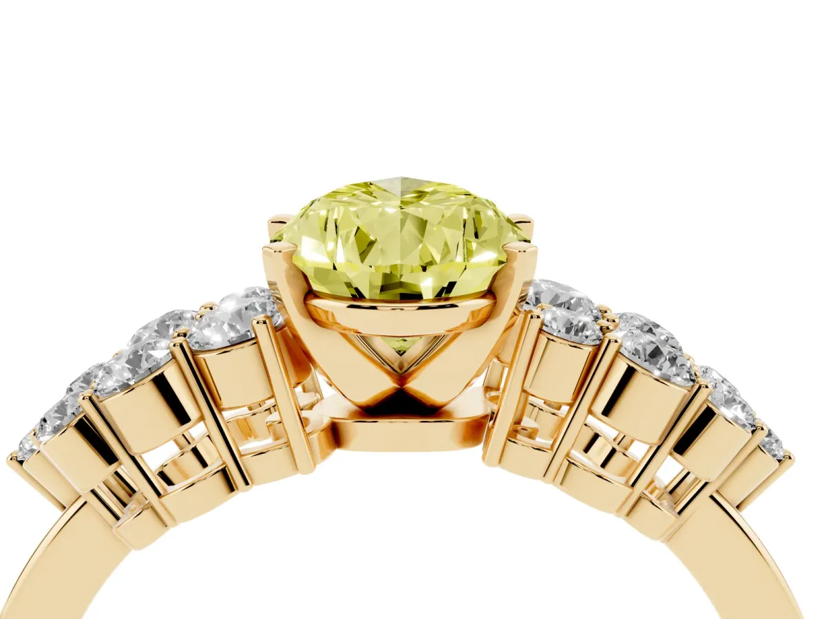 Fancy Yellow Pear Cut Cluster Diamond Engagement Ring with Pavé Band and Four-Prong Setting Yellow gold