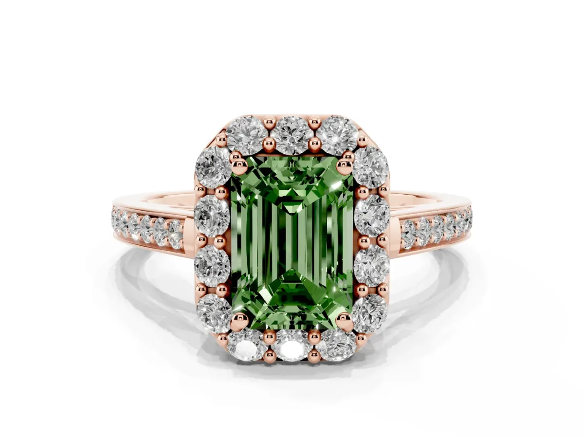 Fancy Green Emerald Cut Diamond Floral Halo Ring with Pavé Band and Prong Setting Rose gold