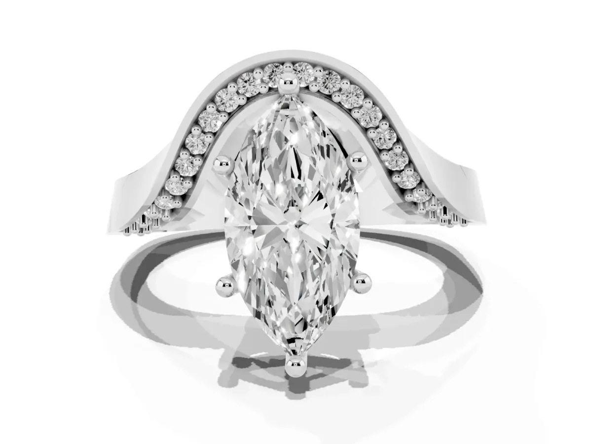 Marquise Cut Solitaire Diamond Engagement Ring with Pave Band and Four-Prong Setting Platinum