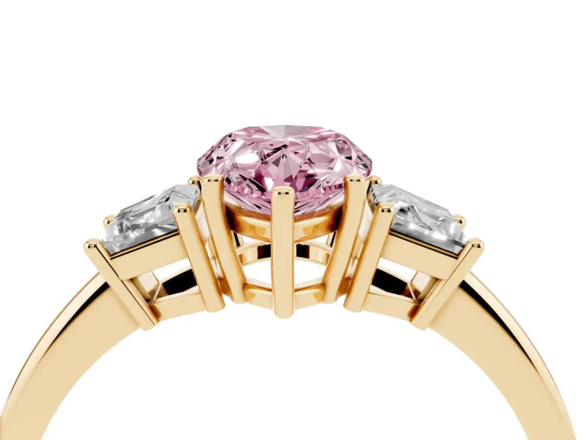 Fancy Pink Pear Cut Diamond Three-Stone Ring with Trapezoid Side Stones and Prong Setting Yellow gold