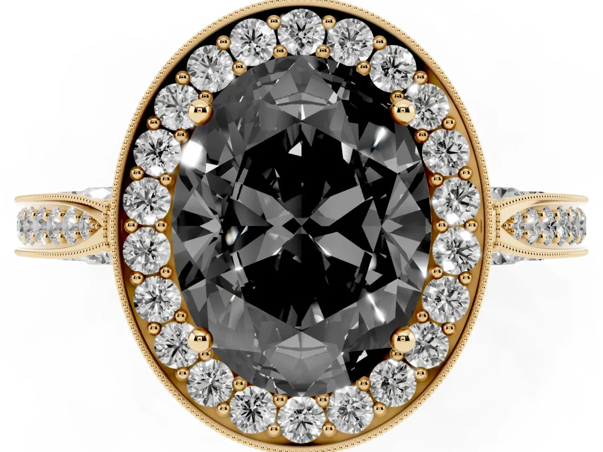 Fancy Black Oval Cut Halo Diamond Engagement Ring with Split Shank Band and Four-Prong Setting Yellow gold