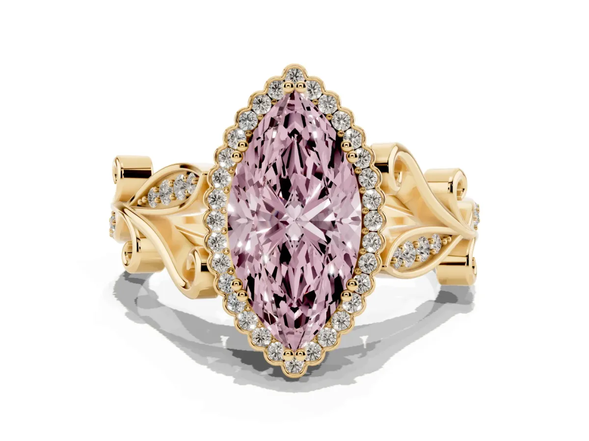 Fancy Pink Marquise Cut Diamond Halo Ring with Vintage Split Shank and Four-Prong Setting Yellow gold