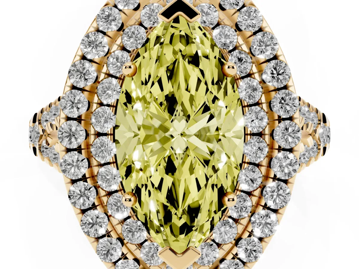 Fancy Yellow Double Halo Marquise Cut Diamond Pavé Split Shank Ring with Prong Setting Yellow gold