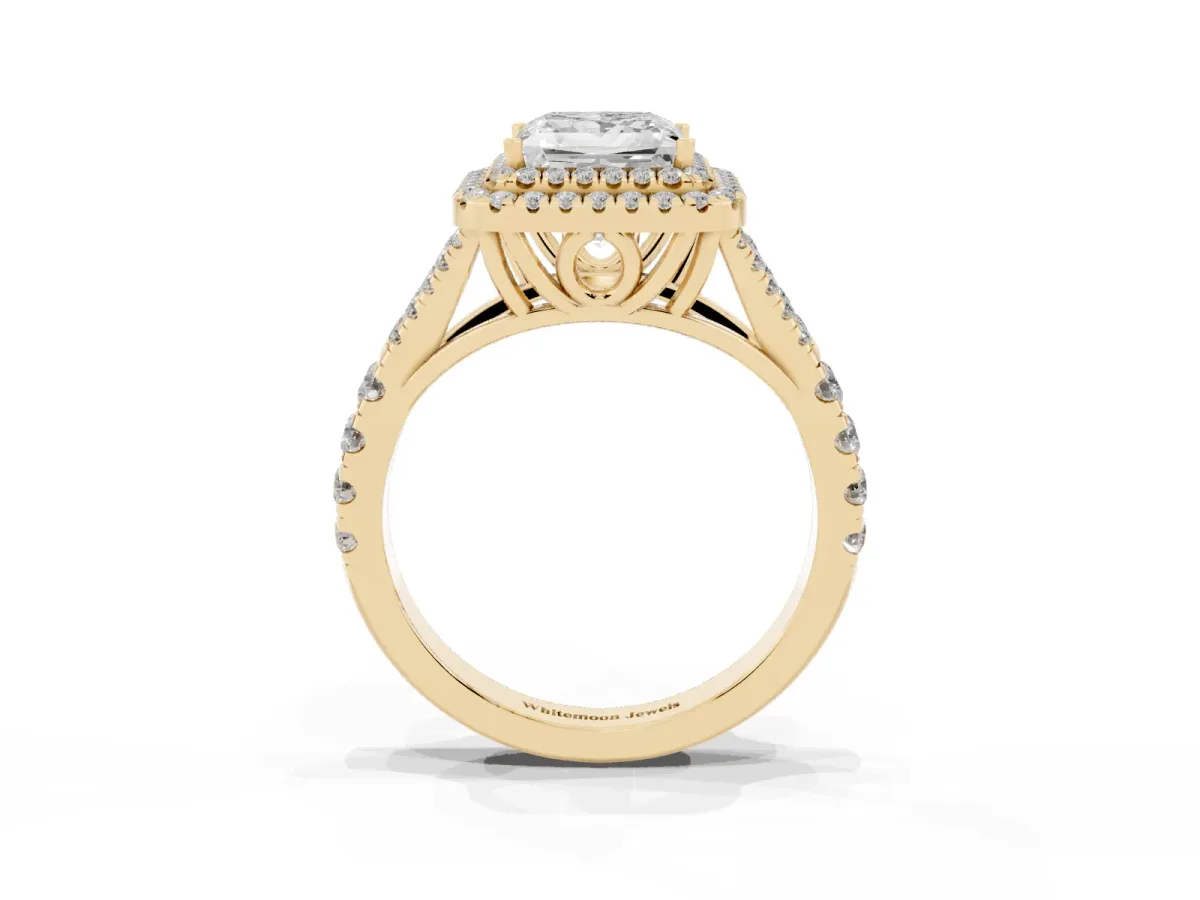 Double Halo Princess Cut Diamond Split Shank Engagement Ring with Four-Prong Setting Yellow gold