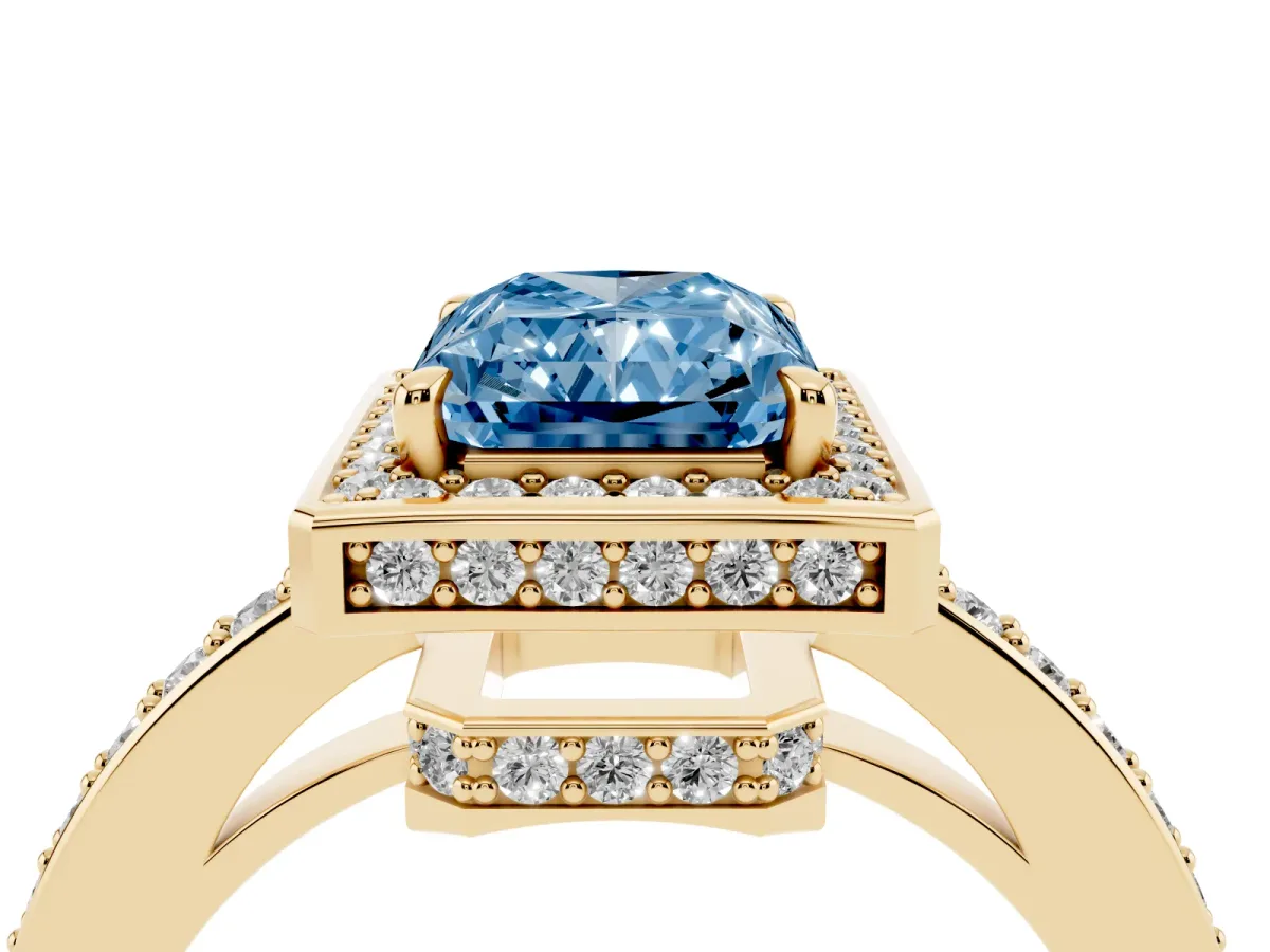 Fancy Blue Radiant Cut Halo Pave Band Solitaire Ring with Prong Setting Yellow gold
