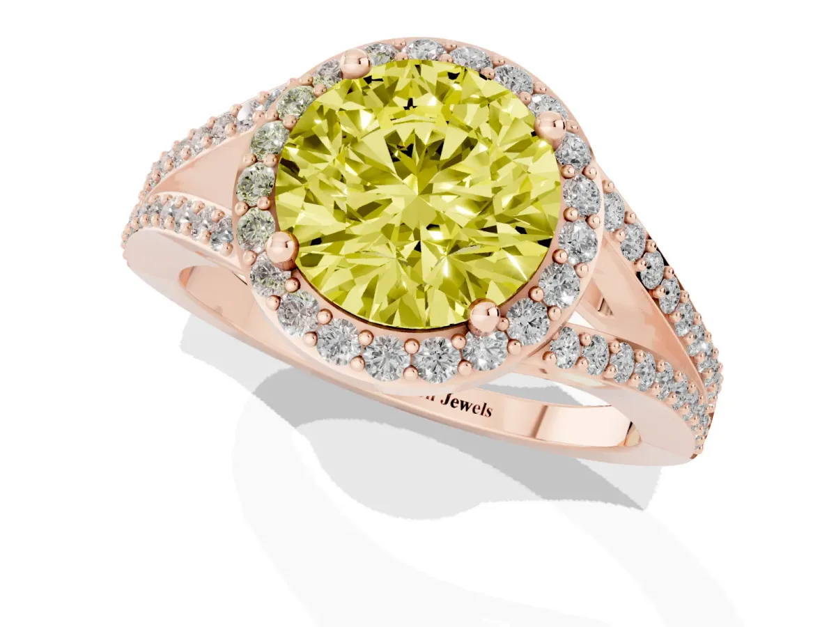 Fancy Yellow Round Cut Halo Split Shank Diamond Ring with Prong Setting Rose gold