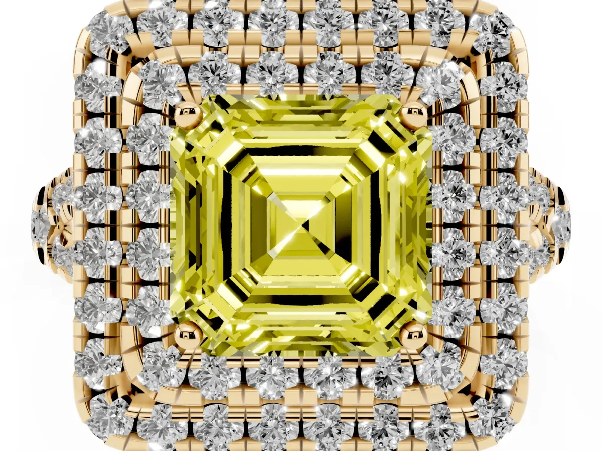 Fancy Yellow Double Halo Asscher Cut Diamond Pavé Split Shank Ring with Prong Setting Yellow gold