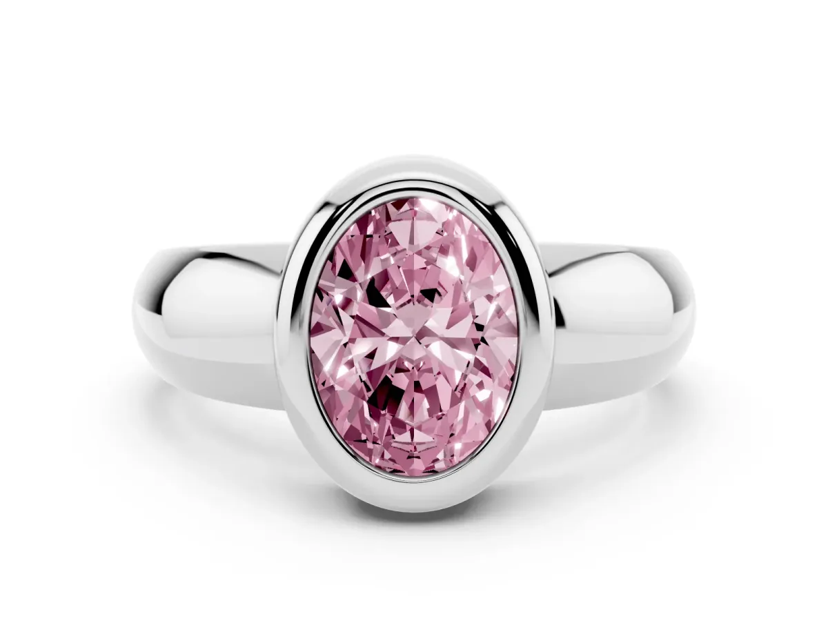 Fancy Pink Bezel Set Oval Cut Solitaire Ring with Wide Band Platinum