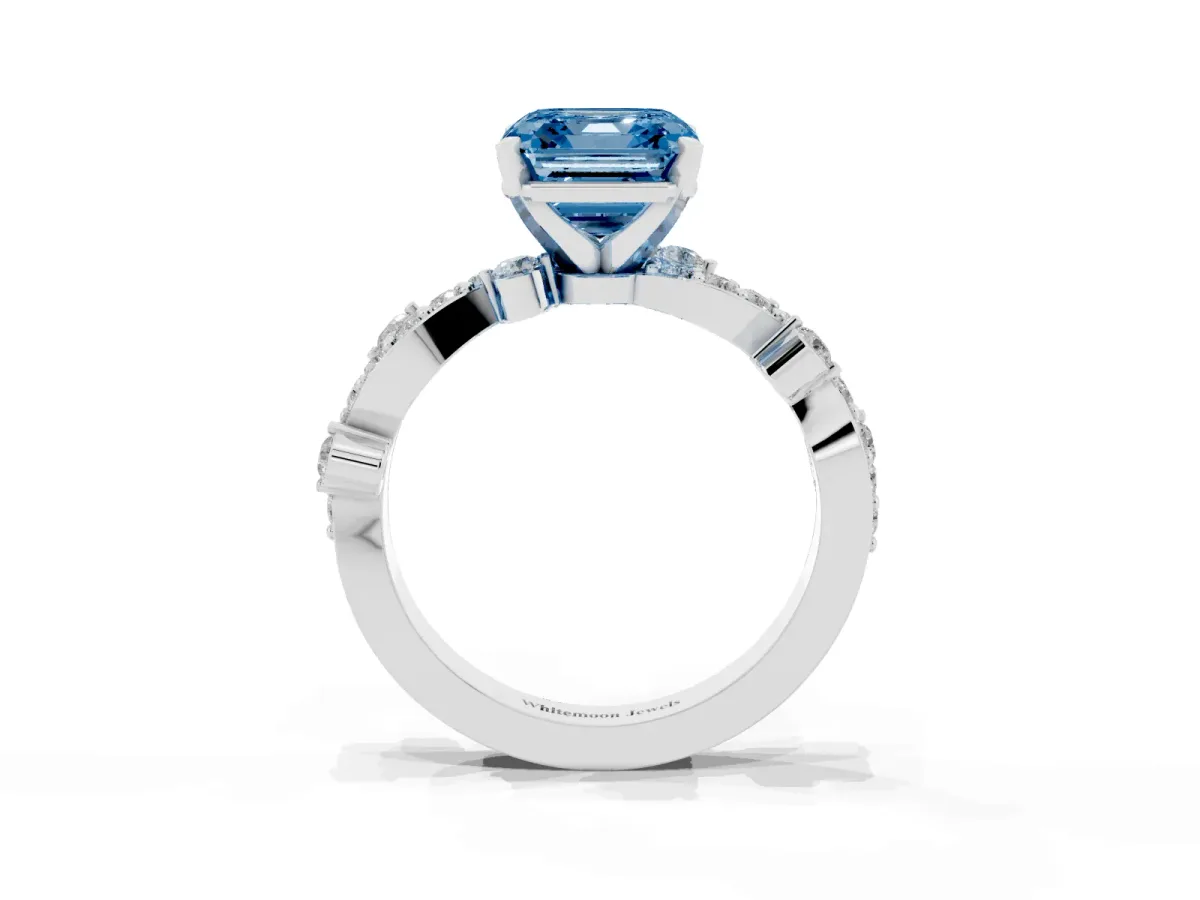 Fancy Blue Asscher Cut Cut Solitaire Diamond Twisted Band with Pave Setting Silver