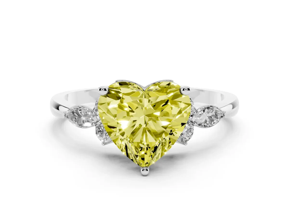 Fancy Yellow Heart Cut Brilliant Diamond Solitaire Ring with Pear Side Stones and Four-Prong Setting Silver