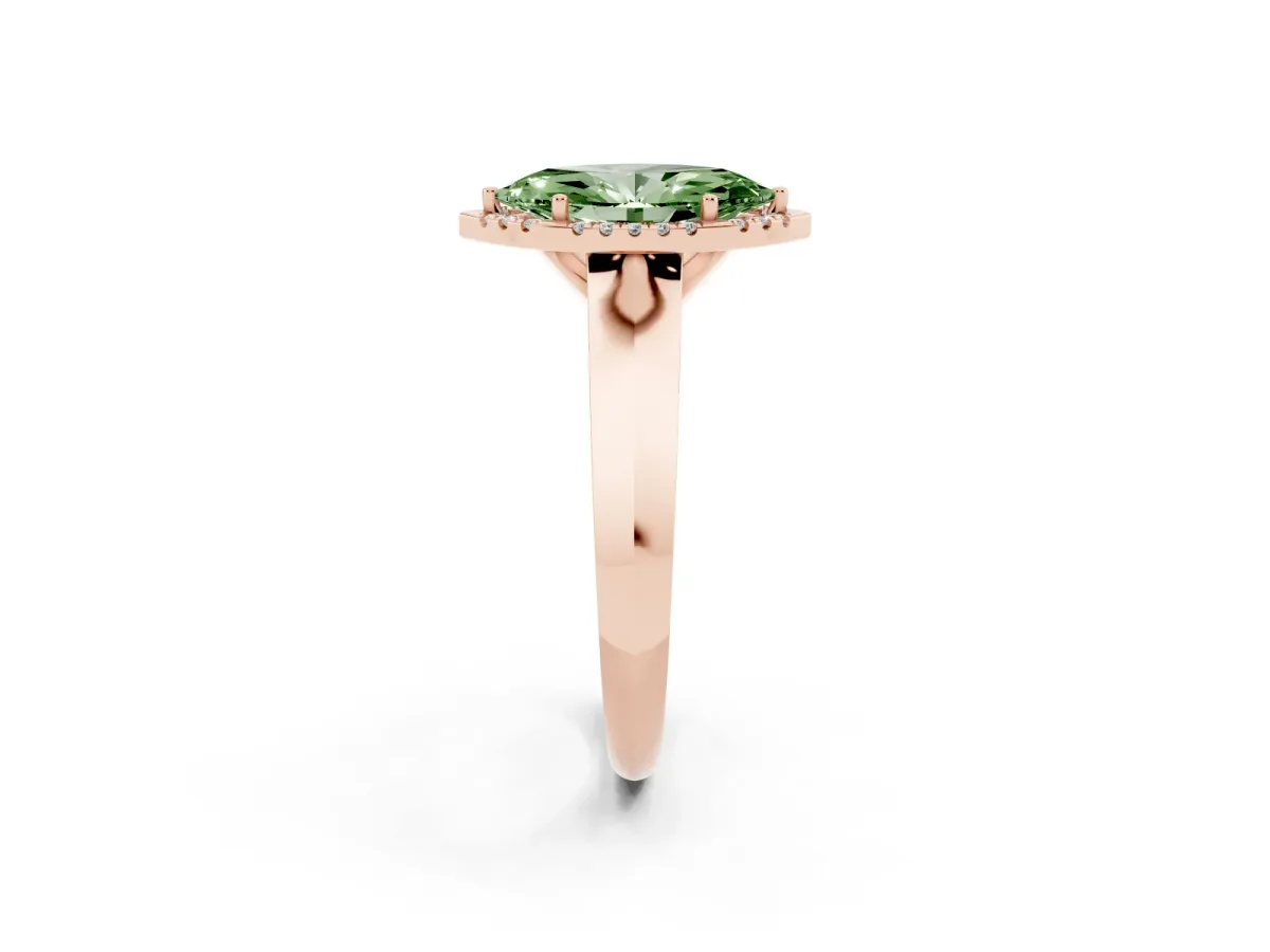 Fancy Green Marquise Cut Halo Diamond Ring with Cathedral Band and Four-Prong Setting Rose gold
