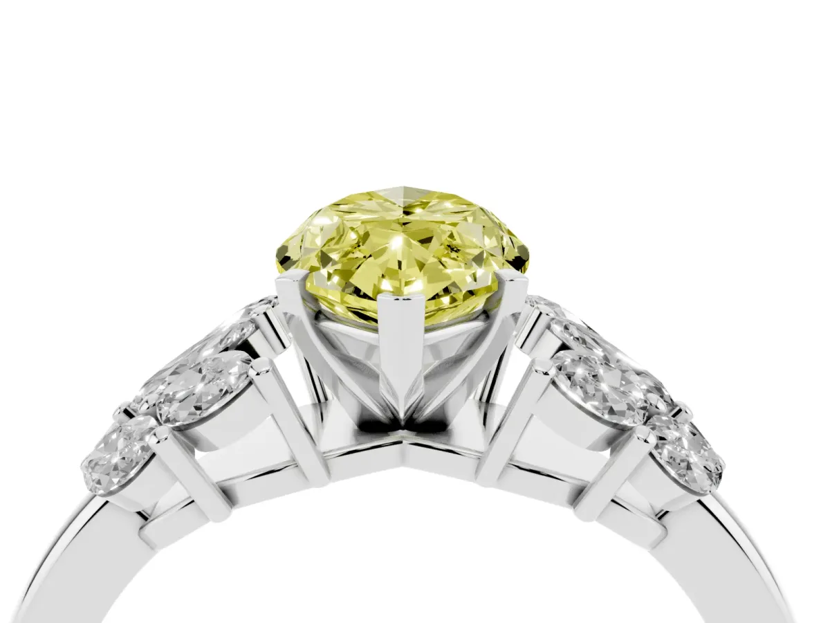 Fancy Yellow Marquise Cut Diamond Cluster Leaf Design Ring with Prong Setting White gold