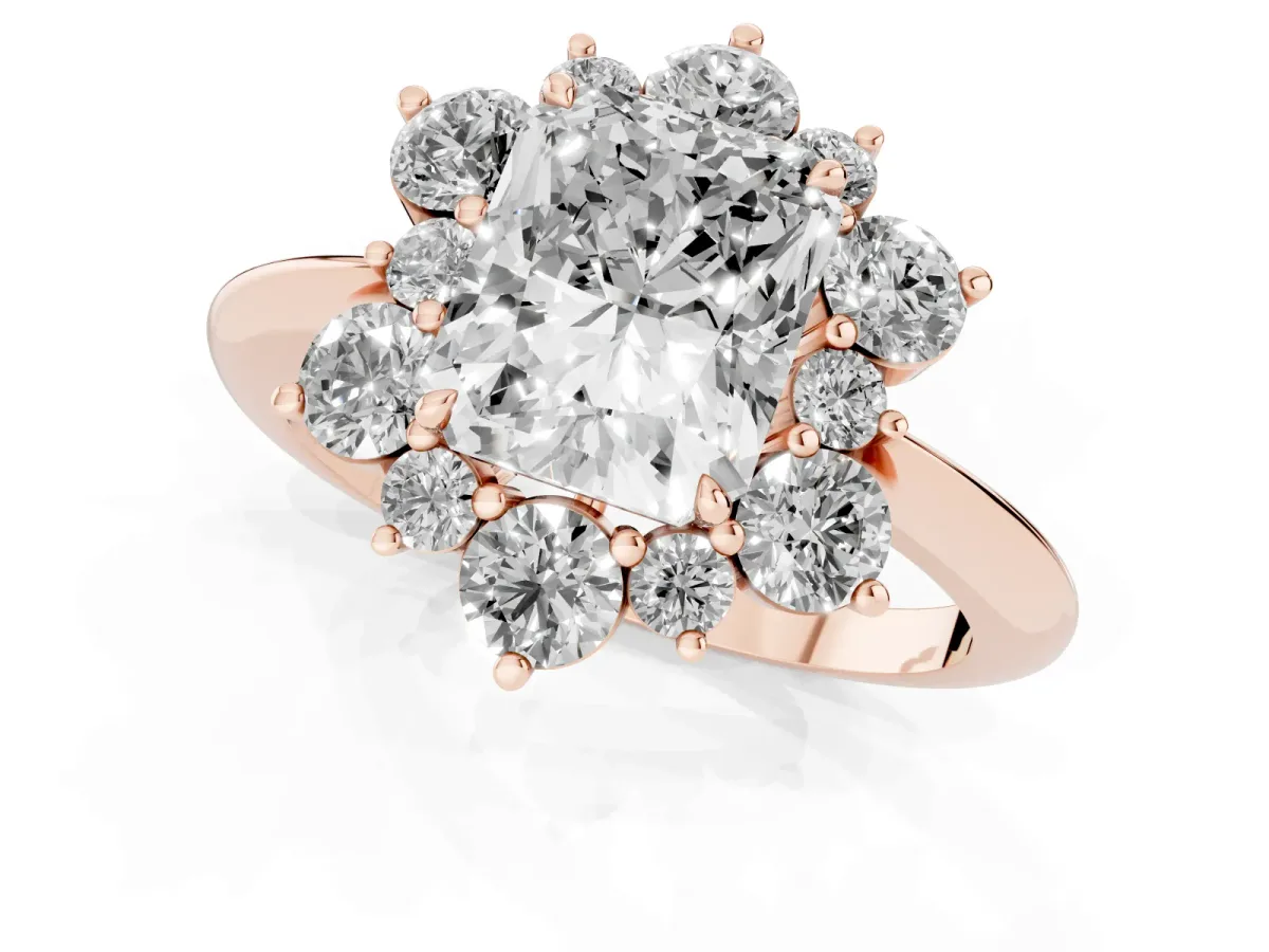Radiant Cut Diamond Cluster Halo Ring with Solitaire Band and Four-Prong Setting Rose gold