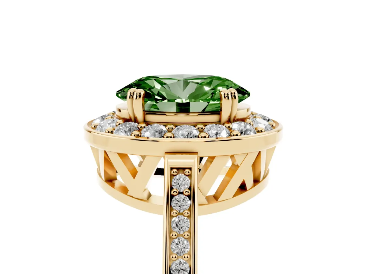 Fancy Green Oval Cut Diamond Halo Ring with Split Shank and Four-Prong Setting Yellow gold