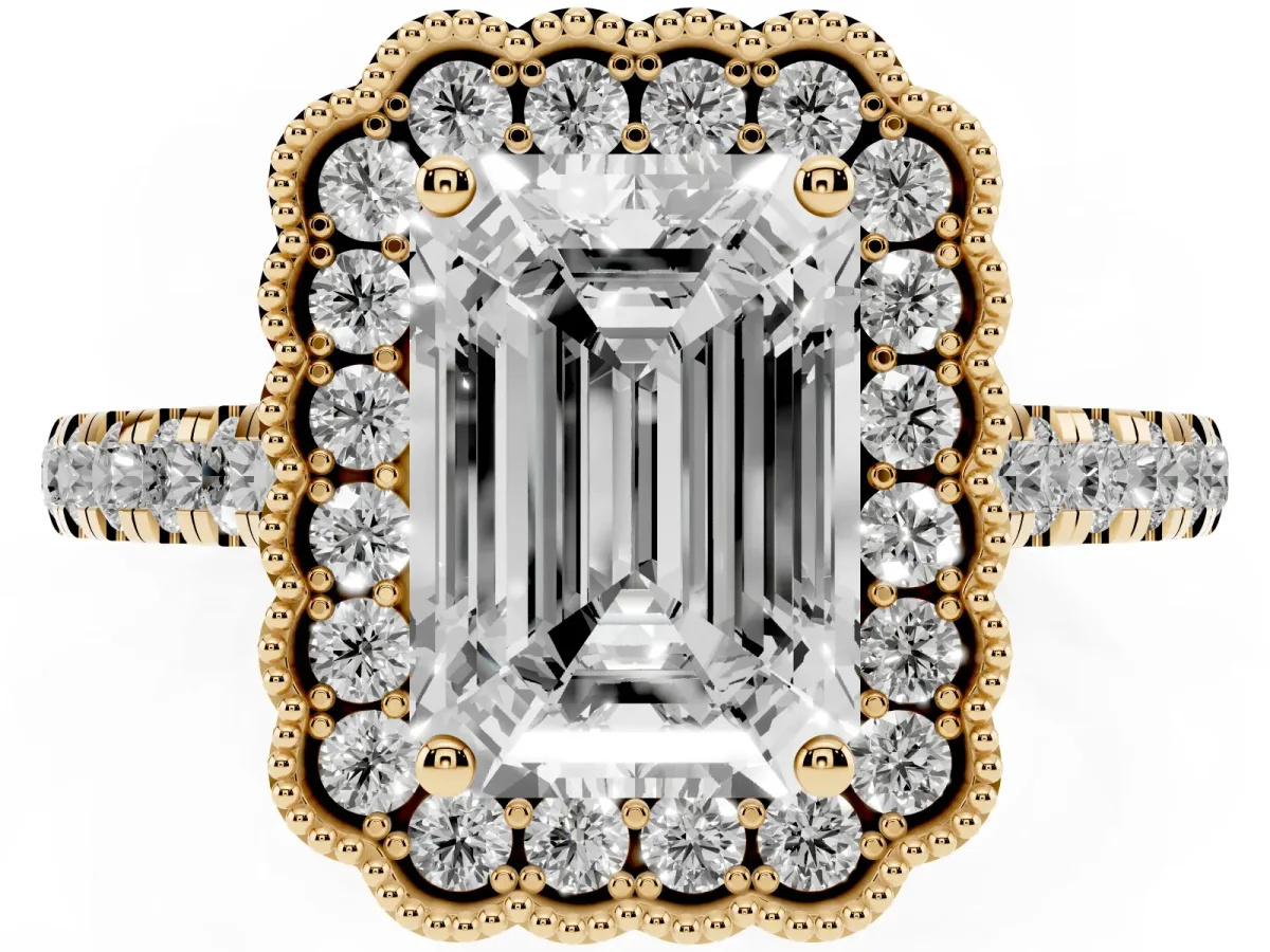 Emerald Cut Cut Diamond Milgrain Floral Halo Engagement Ring with Pavé Band Yellow gold