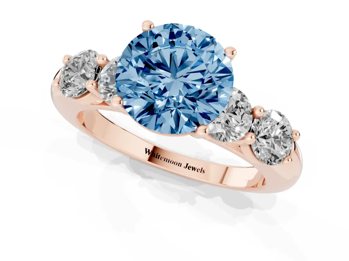 Fancy Blue Round Cut Cut Five-Stone Prong Set Diamond Ring with Classic Band Rose gold