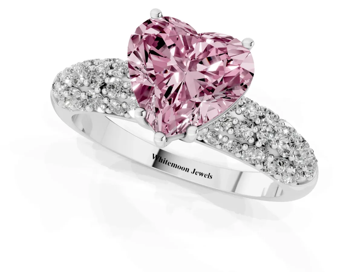 Fancy Pink Heart Cut Diamond Pavé Band Solitaire Ring with Four-Prong Setting White gold
