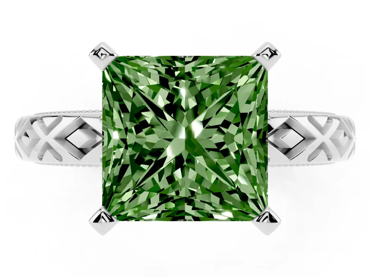 Fancy Green Princess Cut Solitaire Diamond Ring with Milgrain and Black Enamel X Pattern Band Silver