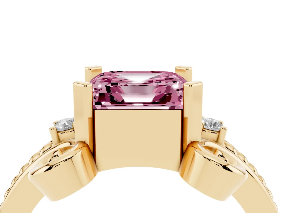 Fancy Pink Asscher Cut Solitaire Twisted Band Scroll Prong Ring Yellow gold
