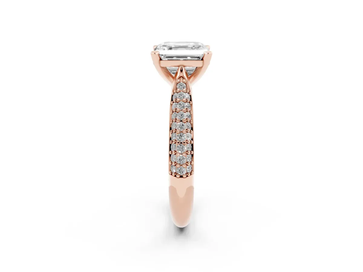 Asscher Cut Diamond Solitaire Engagement Ring with Multi-Row Round Pavé Band and Prong Setting Rose gold