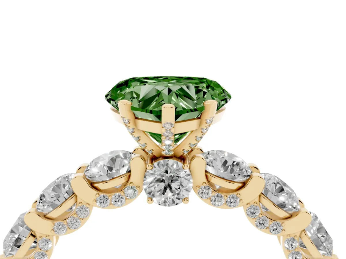 Fancy Green Heart Cut Diamond Side Stone Engagement Ring with Four-Prong Setting Yellow gold