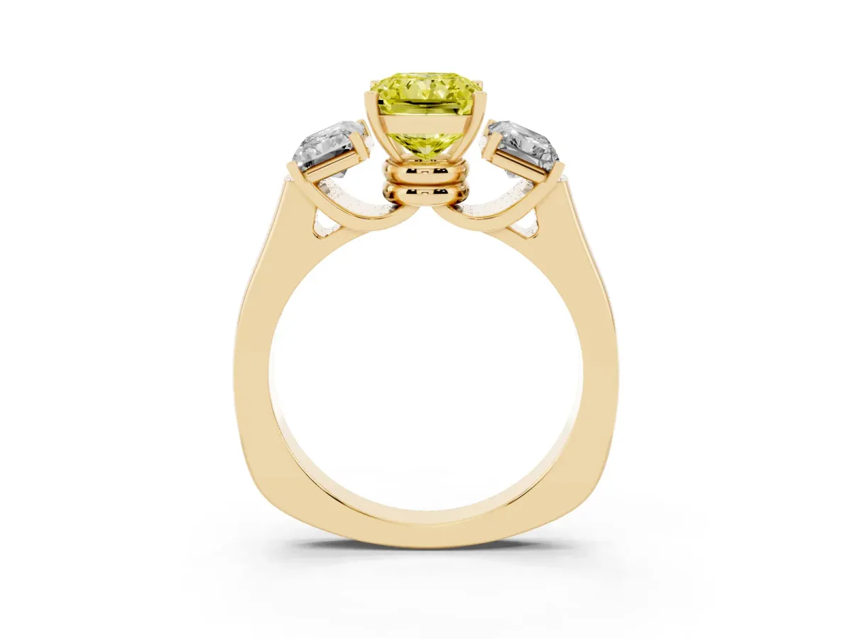 Fancy Yellow Three-Stone Radiant Cut Brilliant Diamond Trellis Ring with Comfort Fit Band Yellow gold