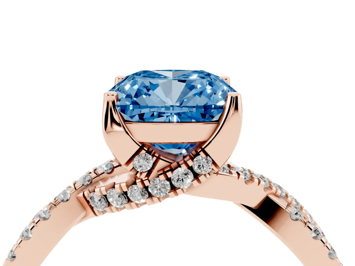 Fancy Blue Cushion Cut Solitaire Twist Pave Diamond Engagement Ring with Prong Setting Rose gold