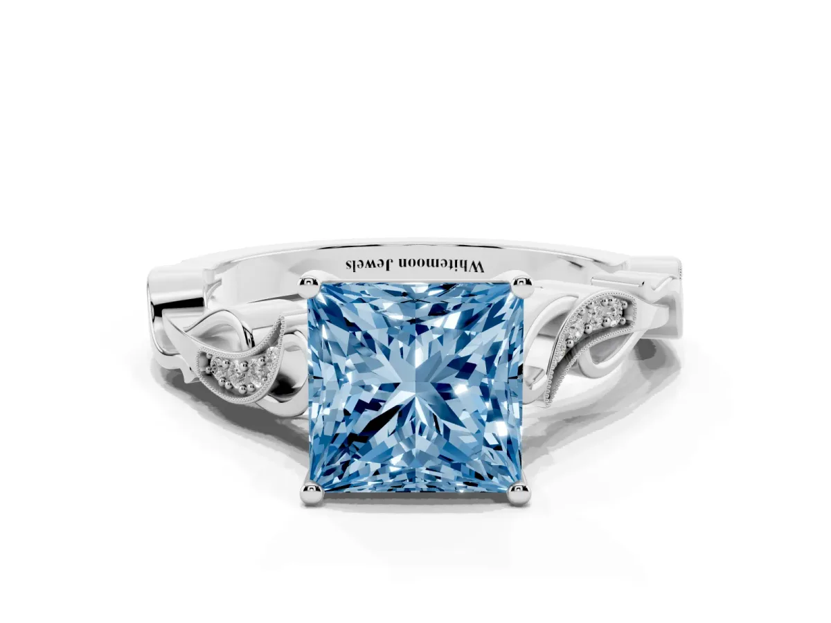 Fancy Blue Princess Cut Solitaire Vine Band with Milgrain Prong Setting Silver
