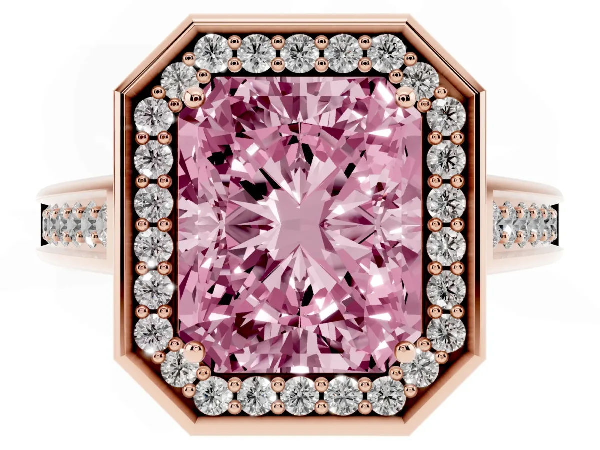 Fancy Pink Emerald Cut Halo Solitaire Diamond Ring with Pave Band and Bezel Setting Rose gold