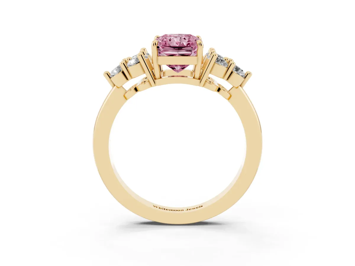 Fancy Pink Radiant Cut Brilliant Diamond Cluster Accent Solitaire Ring with Prong Setting Yellow gold