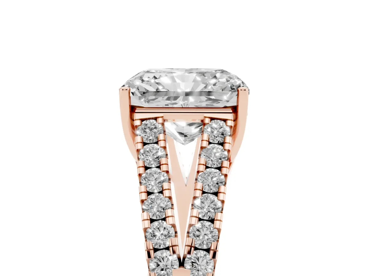 Radiant Cut Diamond Split Shank Engagement Ring with Round Pavé and Prong Setting Rose gold
