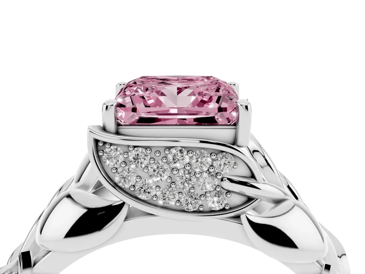 Fancy Pink Princess Cut Diamond Leaf-Inspired Engagement Ring with Round Accents and Prong Setting Platinum