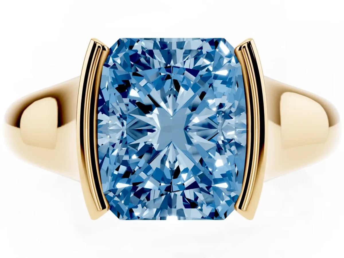 Fancy Blue Radiant Cut Solitaire Tension Set Diamond Ring with Split Shank Band Yellow gold