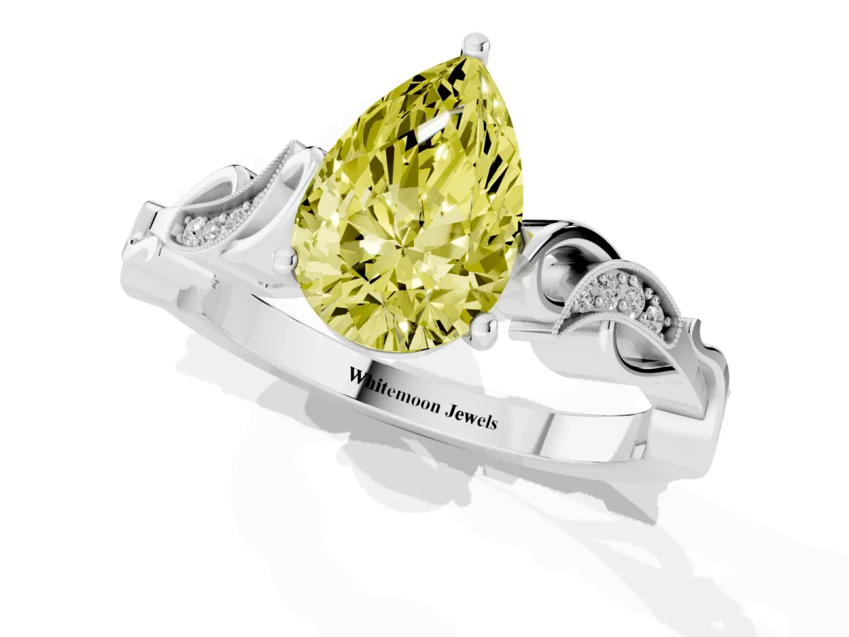 Fancy Yellow Pear Cut Solitaire Vine Band with Milgrain Prong Setting Silver