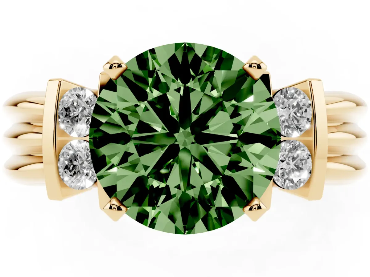 Fancy Green Round Cut Cut Three-Stone Channel Set Ring with Bar Prongs Yellow gold