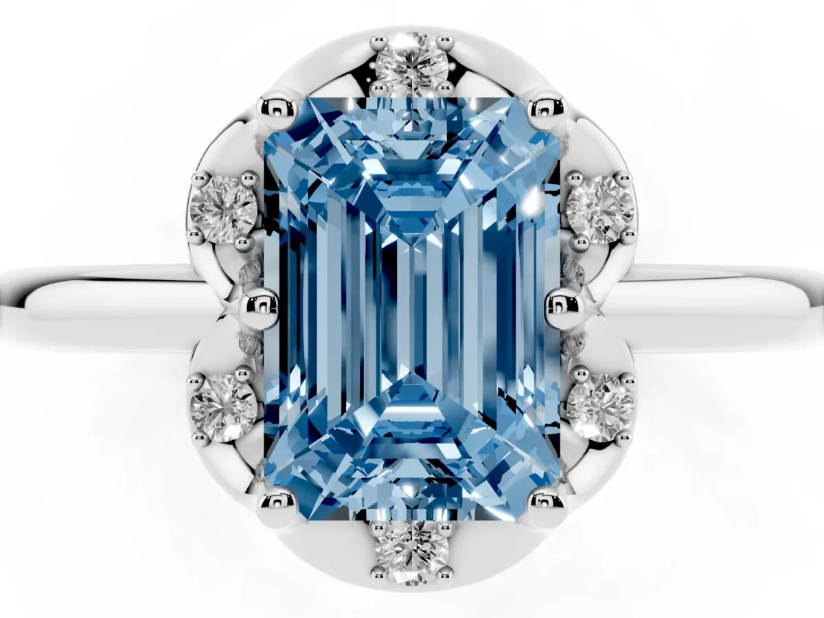 Fancy Blue Emerald Cut Halo Diamond Ring with Round Cluster Setting, Solitaire Band, and Four-Prong Setting Silver