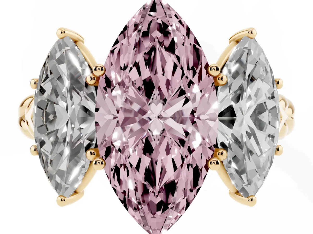 Fancy Pink Three-Stone Marquise Cut Diamond Braided Band Ring with Four-Prong Setting Yellow gold