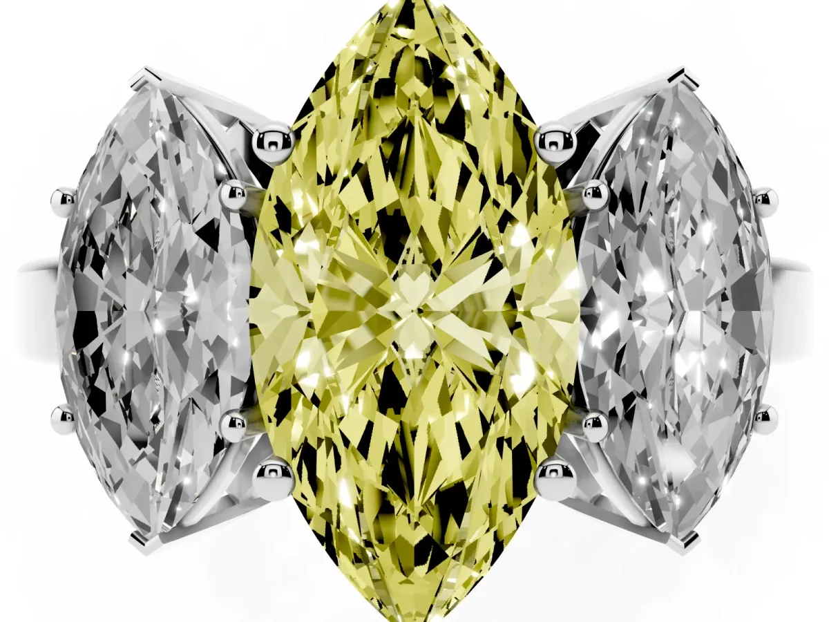 Fancy Yellow Three-Stone Marquise Cut Cut Diamond Engagement Ring with Flat Band and Four-Prong Setting Silver