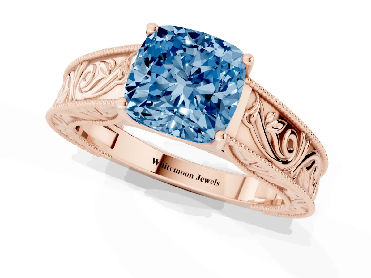 Fancy Blue Cushion Cut Diamond Solitaire Ring with Engraved Band and Four-Prong Setting Rose gold