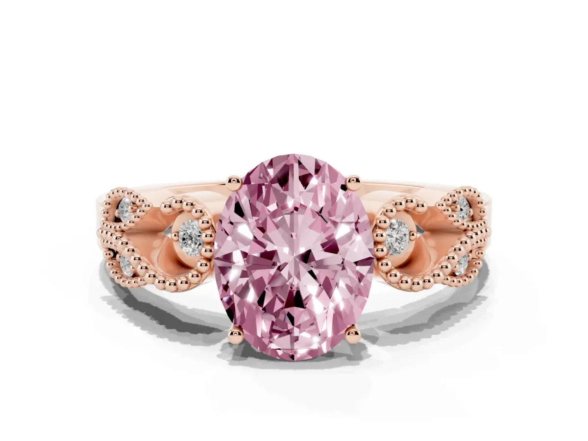 Fancy Pink Oval Cut Solitaire Milgrain Leaf Band with Prong Setting Rose gold