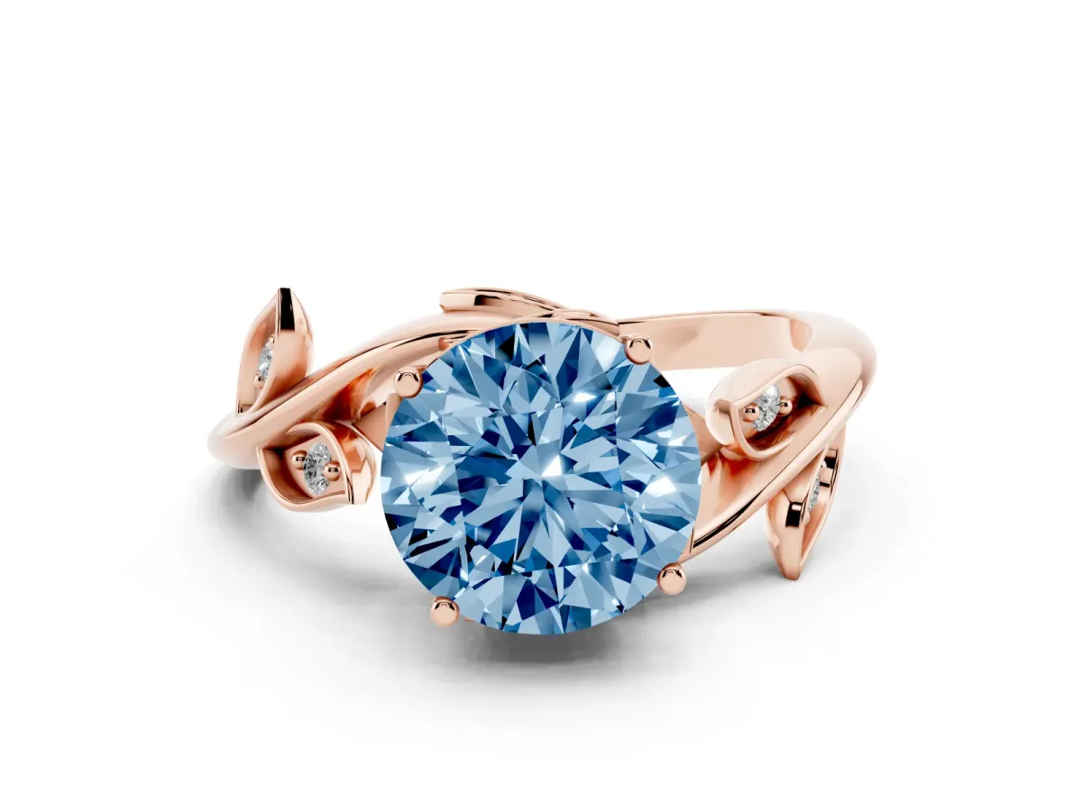 Fancy Blue Round Cut Solitaire Twist Engagement Ring with Leaf Accents and Prong Setting Rose gold