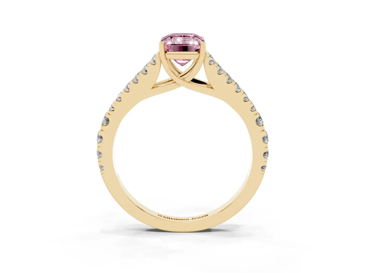 Fancy Pink Emerald Cut Diamond Split Shank Pavé Engagement Ring with Four-Prong Setting Yellow gold