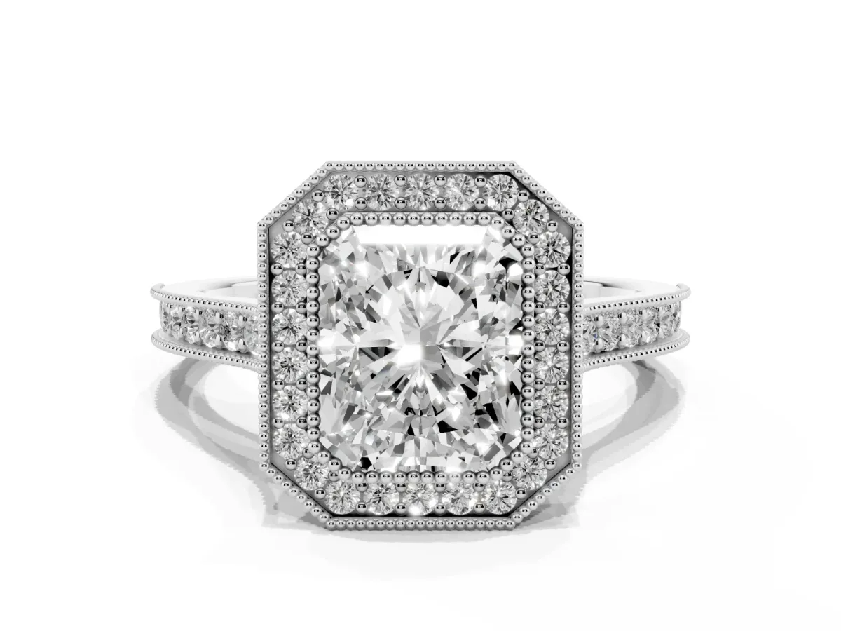 Halo Radiant Cut-Cut Diamond Pave Band Milgrain Prong Setting Ring Silver