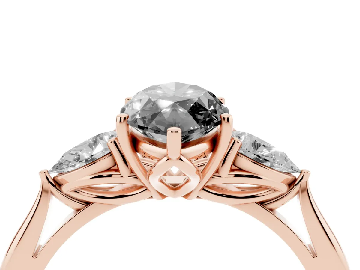Fancy Black Three-Stone Marquise Cut Brilliant Diamond Solitaire Ring with Tapered Band and Four-Prong Setting Rose gold