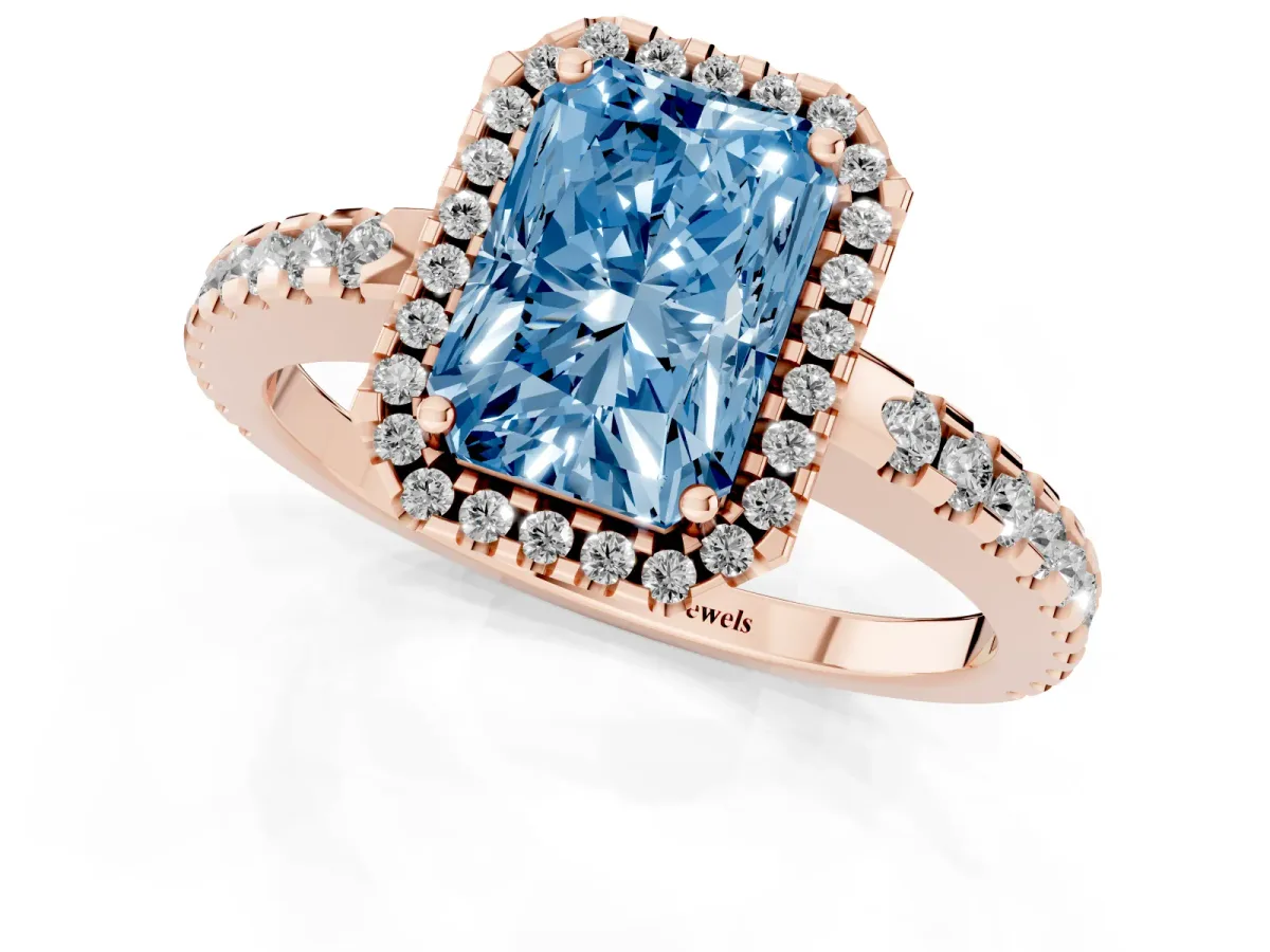 Fancy Blue Radiant Cut Diamond Halo Engagement Ring with Pavé Band and Prong Setting Rose gold