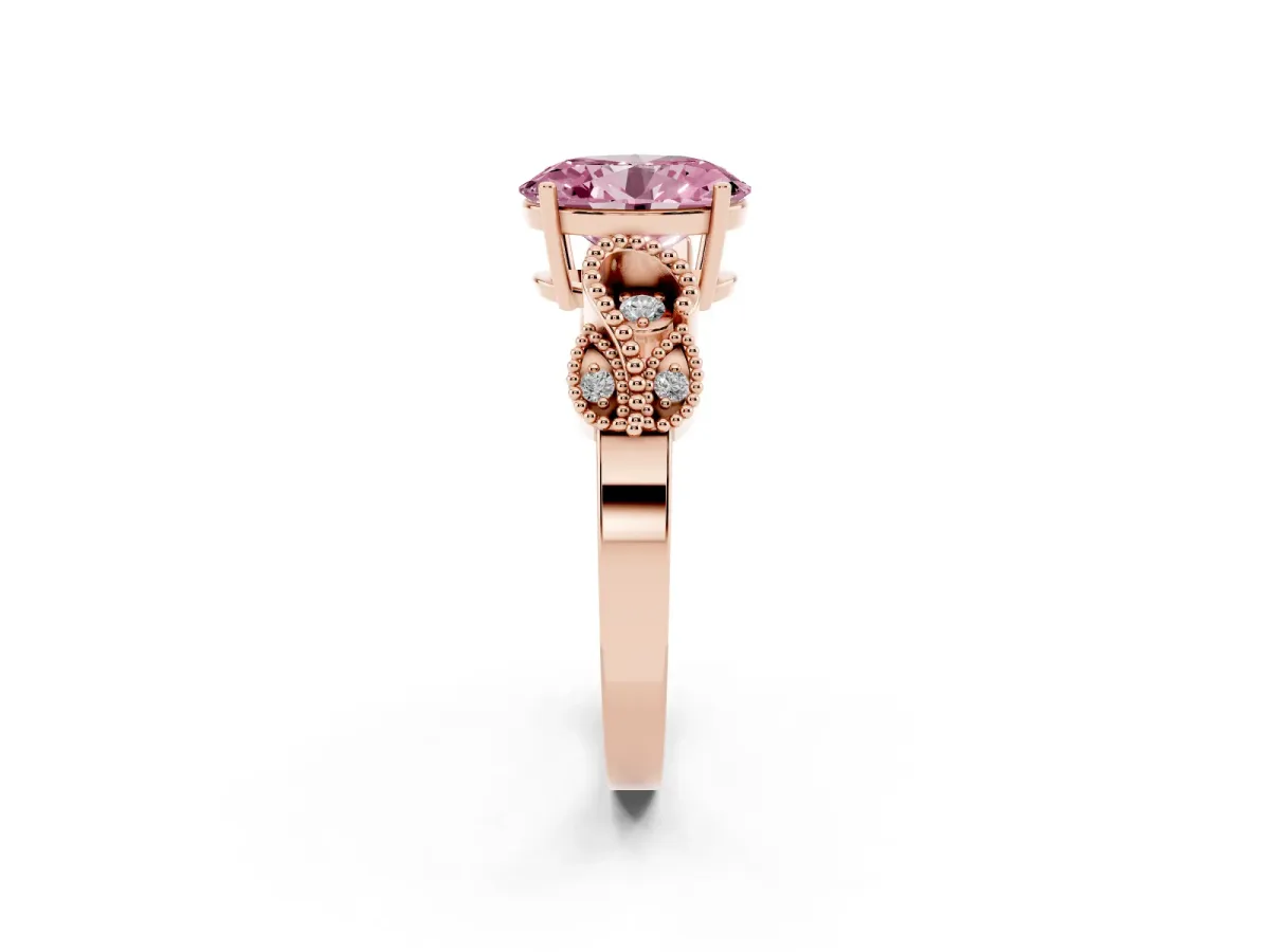 Fancy Pink Oval Cut Solitaire Milgrain Leaf Band with Prong Setting Rose gold