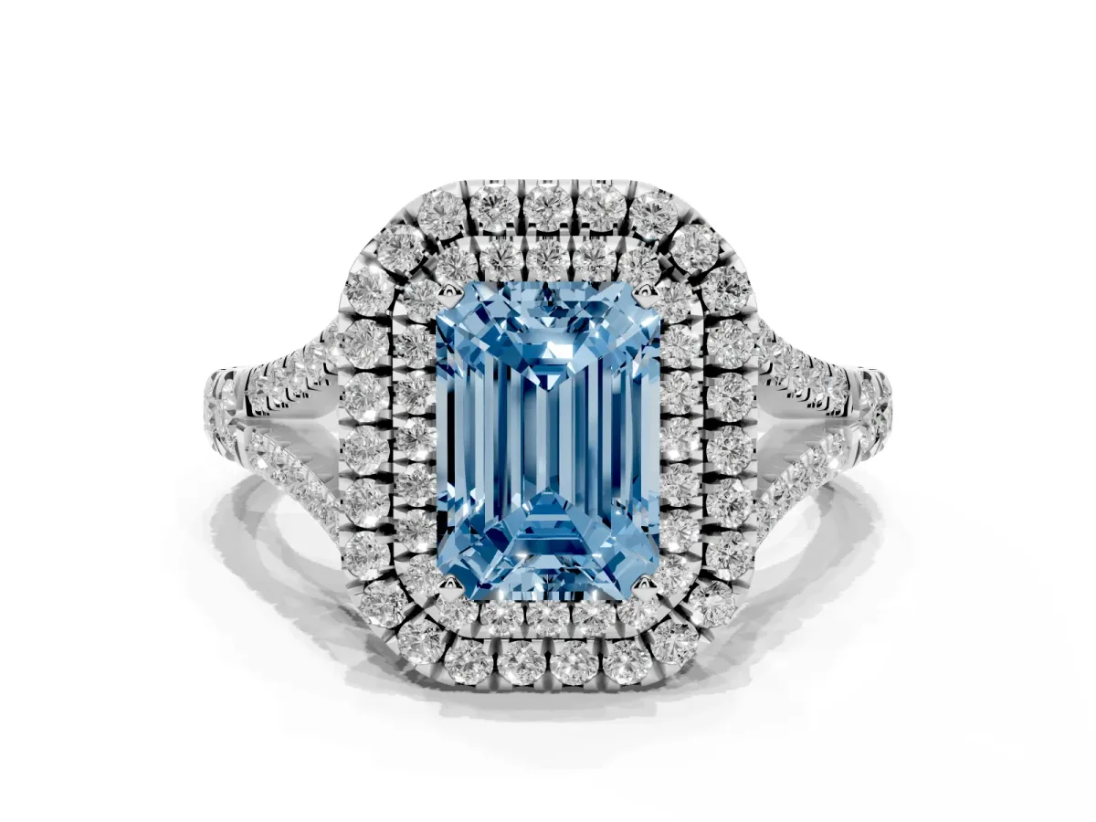 Fancy Blue Emerald Cut Diamond Pavé Split Shank Double Halo Engagement Ring Platinum