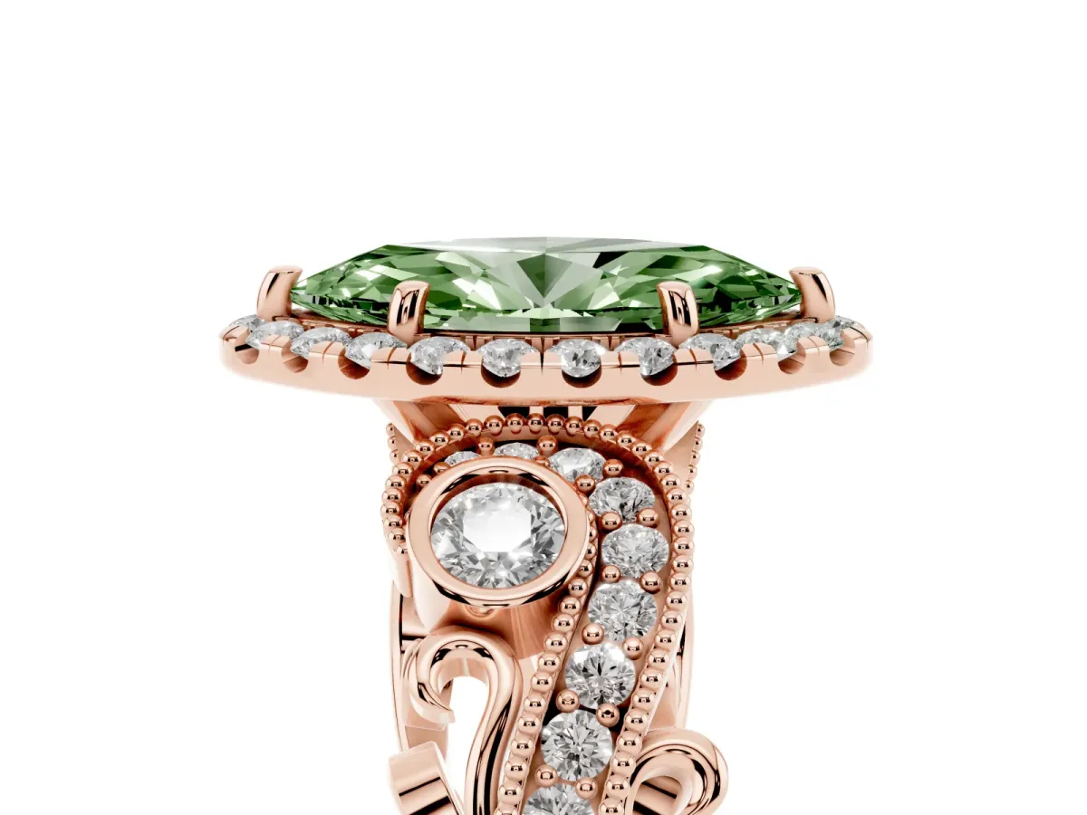 Fancy Green Marquise Cut Diamond Halo Ring with Milgrain Pavé Band and Four-Prong Setting Rose gold